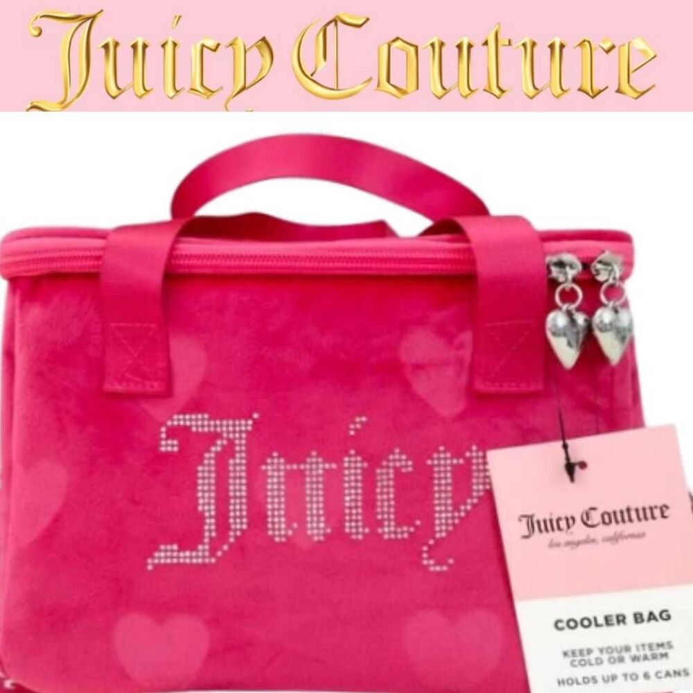 Juicy Couture Rhinestone Logo Velour Heart Insulated Cooler Bag- Pink